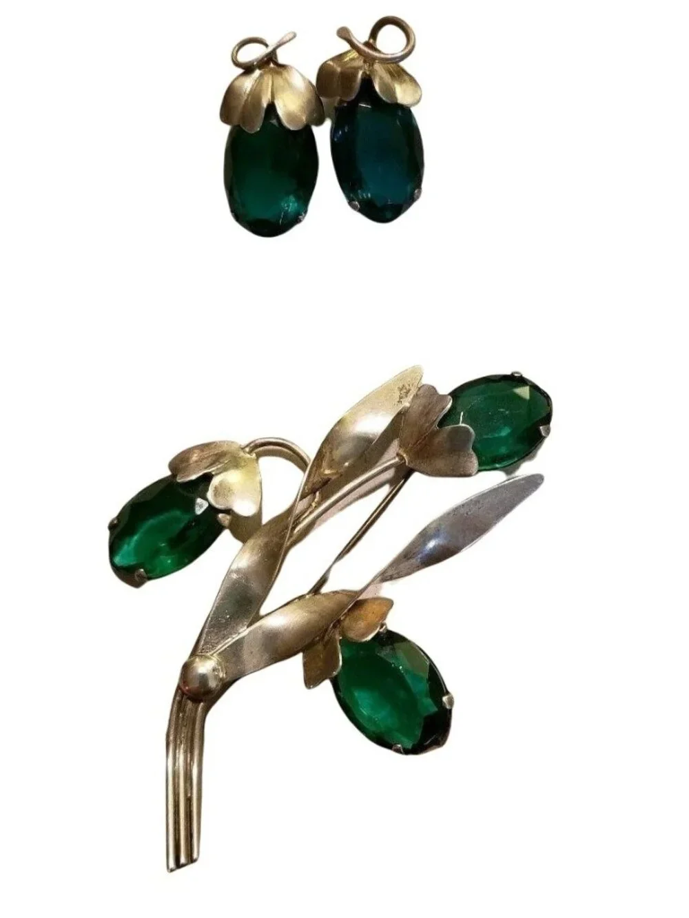 Vintage Sterling Silver Green Stone Floral Brooch Pin and Earring Set  JS6